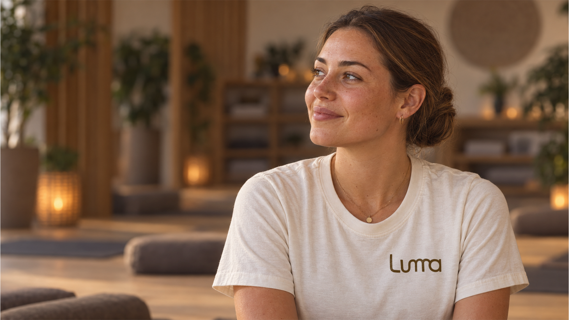 Frau im LUMA Shirt in einem Retreat-Raum